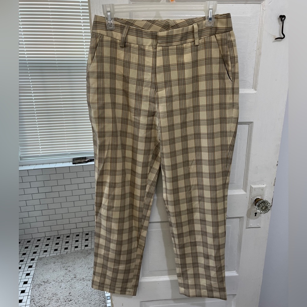 bohme tan brown and‎ blue plaid business slacks size large